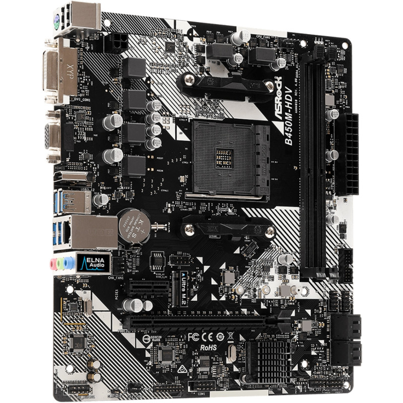 ASRock B450M-HDV R4.0 (AM4/B450, 2*DDR4, PCIex16, DVI-D/HDMI/VGA, 4xSATA, M.2, GLan, 8ch, mATX)