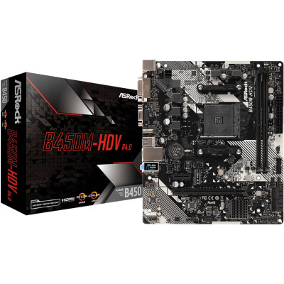 ASRock B450M-HDV R4.0 (AM4/B450, 2*DDR4, PCIex16, DVI-D/HDMI/VGA, 4xSATA, M.2, GLan, 8ch, mATX)
