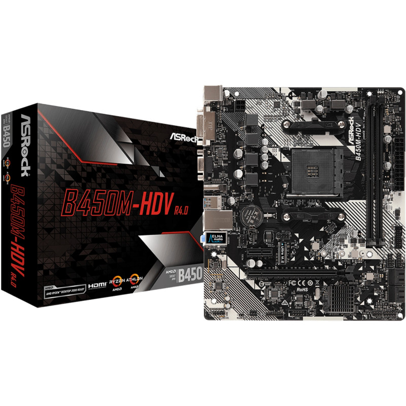 ASRock B450M-HDV R4.0 (AM4/B450, 2*DDR4, PCIex16, DVI-D/HDMI/VGA, 4xSATA, M.2, GLan, 8ch, mATX)