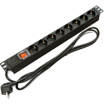 Блок 19" на 8 роз. нім. станд., 16А, 1U, з вимикачем, шнур 1.8м , Kingda KD-GER(16)N1008WKPDY30W19A