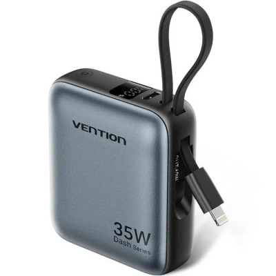 УМБ Vention 10000mAh 35W PD, USB-C In/Out, built-in USB-C, Lightning Cables, LED Display, Gray УМБ Vention 10000mAh 35W PD, USB-C In/Out, built-in USB-C, Lightning Cables, LED Display, Gray