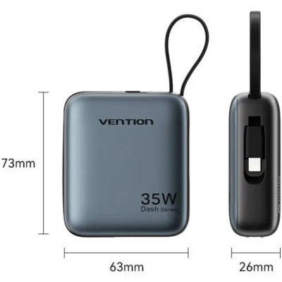 УМБ Vention 10000mAh 35W PD, USB-C In/Out, built-in USB-C, Lightning Cables, LED Display, Gray УМБ Vention 10000mAh 35W PD, USB-C In/Out, built-in USB-C, Lightning Cables, LED Display, Gray