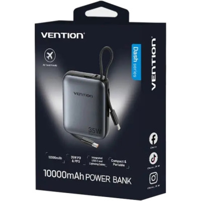 УМБ Vention 10000mAh 35W PD, USB-C In/Out, built-in USB-C, Lightning Cables, LED Display, Gray УМБ Vention 10000mAh 35W PD, USB-C In/Out, built-in USB-C, Lightning Cables, LED Display, Gray