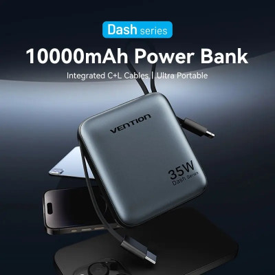 УМБ Vention 10000mAh 35W PD, USB-C In/Out, built-in USB-C, Lightning Cables, LED Display, Gray УМБ Vention 10000mAh 35W PD, USB-C In/Out, built-in USB-C, Lightning Cables, LED Display, Gray