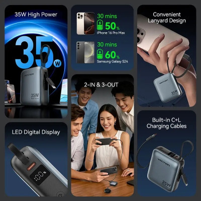 УМБ Vention 10000mAh 35W PD, USB-C In/Out, built-in USB-C, Lightning Cables, LED Display, Gray УМБ Vention 10000mAh 35W PD, USB-C In/Out, built-in USB-C, Lightning Cables, LED Display, Gray