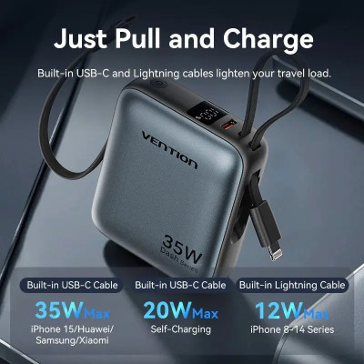 УМБ Vention 10000mAh 35W PD, USB-C In/Out, built-in USB-C, Lightning Cables, LED Display, Gray УМБ Vention 10000mAh 35W PD, USB-C In/Out, built-in USB-C, Lightning Cables, LED Display, Gray