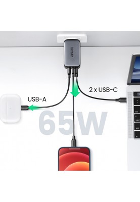 Зарядний пристрій 3xUSB 65W GaN (2хUSB-C+USB-A) CD244 Сірий Ugreen