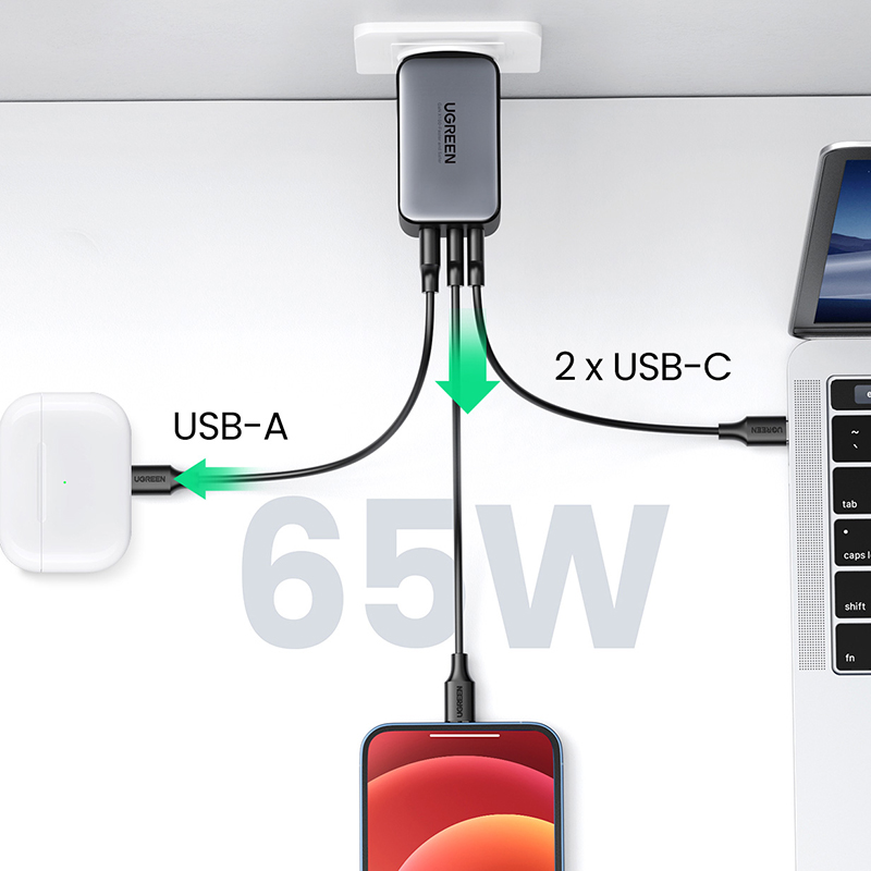 Зарядний пристрій 3xUSB 65W (2хUSB-C+USB-A) Gan CD244 Сірий Ugreen