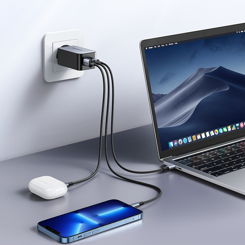 Зарядний пристрій 3xUSB 65W (2хUSB-C+USB-A) Gan CD244 Сірий Ugreen