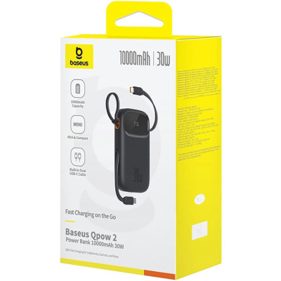 УМБ Baseus Qpow 2 10000mAh 30W PD3.0, QC3.0,USB-A, USB-C In/Out, with built-in USB-C cable Black