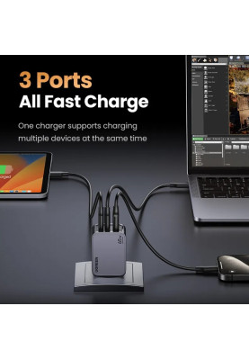 Зарядний пристрій 3xUSB 65W (2хUSB-C+USB-A) Gan Nexode Pro X755 Сірий Ugreen