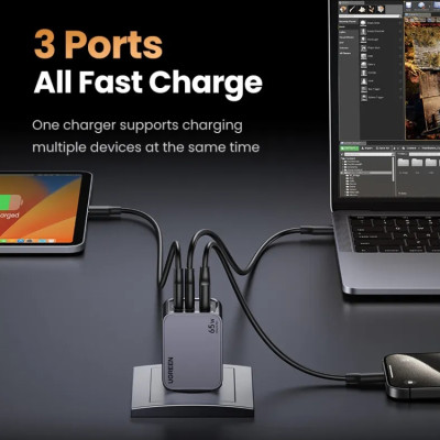 Зарядний пристрій 3xUSB 65W (2хUSB-C+USB-A) Gan Nexode Pro X755 Сірий Ugreen