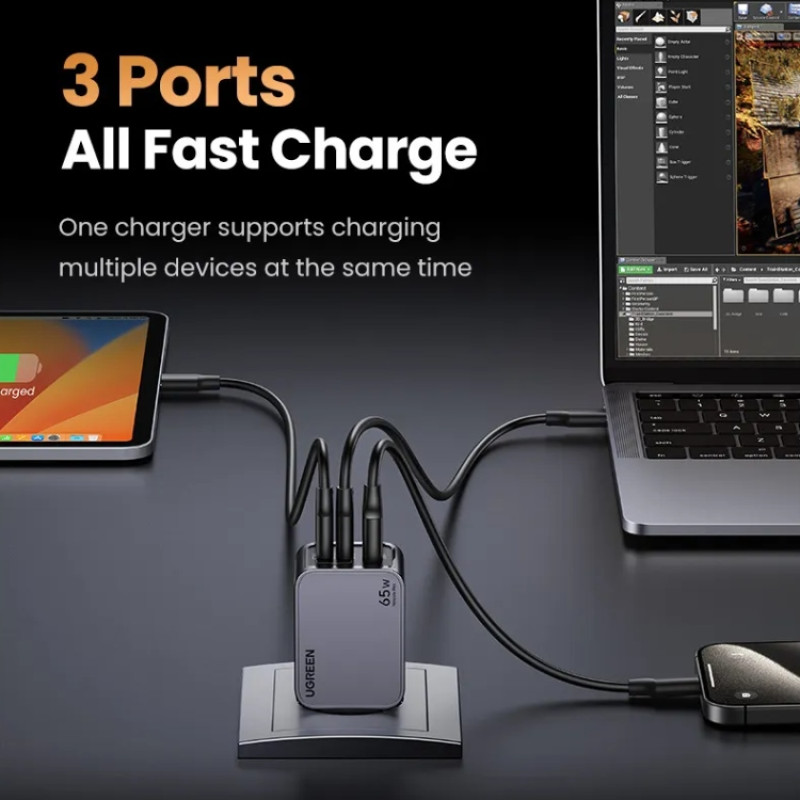 Зарядний пристрій 3xUSB 65W (2хUSB-C+USB-A) Gan Nexode Pro X755 Сірий Ugreen