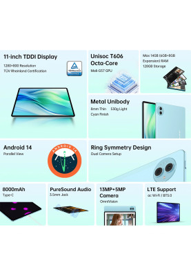 Планшет Teclast P50 11" HD /6GB /128GB/ T606 / 8000mAh/ LTE / 5+13MP/ Metal/ Blue