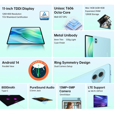 Планшет Teclast P50  11" HD /6GB/128GB/ T606 / 8000mAh/ LTE / 5+13MP/ Metal/ Blue