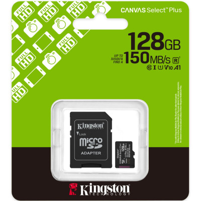 Memory card microSDXC 128Gb Kingston Canvas Select Plus Gen3 100R A1 C10, Retail Memory card microSDXC 128Gb Kingston Canvas Select Plus Gen3 100R A1 C10, Retail