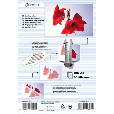 Плівка для ламінування Olympia Laminating Pouches, A4, 80 Mic, 220 x 19 x 307 mm, 100 pcs