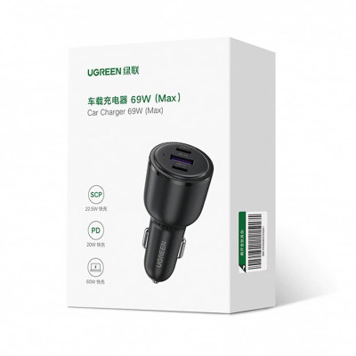 Автозарядка 3xUSB 69W (USB-C+USB-A) QC 3.0 Чорна (CD239) UGREEN