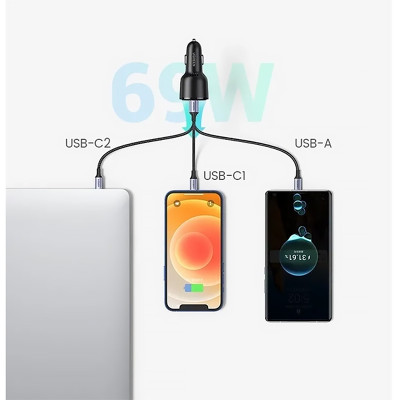 Автозарядка 3xUSB 69W (USB-C+USB-A) QC 3.0 Чорна (CD239) UGREEN