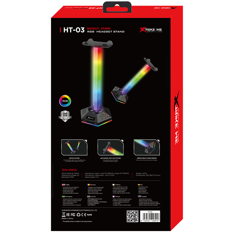 Підставка для гарнітури XTRIKE ME RGB 2xUSB2.0 HUB, USB кабель 1,9м, вlack