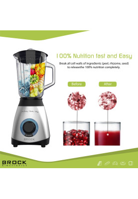 Блендер BROCK BL 1502 SS стаціонарний 500Вт/ скляна чаша 1,5л/ PULSE/ 2 швидк./дроблення льоду/метал