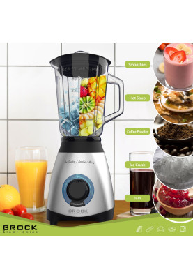 Блендер BROCK BL 1502 SS стаціонарний 500Вт/ скляна чаша 1,5л/ PULSE/ 2 швидк./дроблення льоду/метал