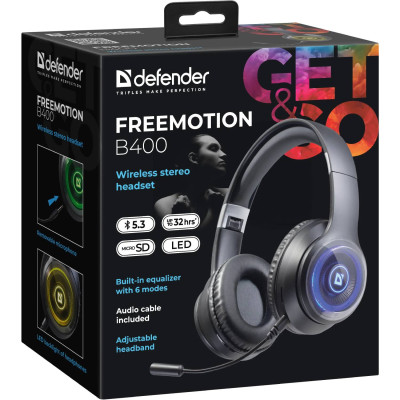 Гарнітура Defender FreeMotion B400 Bluetooth+3,5мм,гнучкий мікрофон, LED, Black