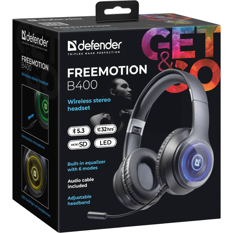 Гарнітура Defender FreeMotion B400 Bluetooth+3,5мм,гнучкий мікрофон, LED, Black