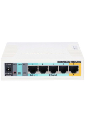 Маршрутизатор Mikrotik RB951Ui-2HnD, N300, 600MHz/128Mb, 5х100Мбіт, 1хUSB, 1000mW, PoE in, PoE out,