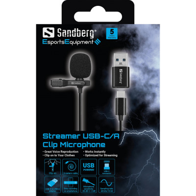 Провідний петличний мікрофон Streamer USB Clip USB-A/USB-C, кабель 3м, чорний