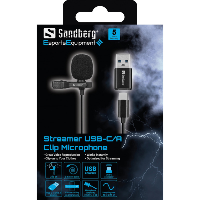 Провідний петличний мікрофон Streamer USB Clip USB-A/USB-C, кабель 3м, чорний