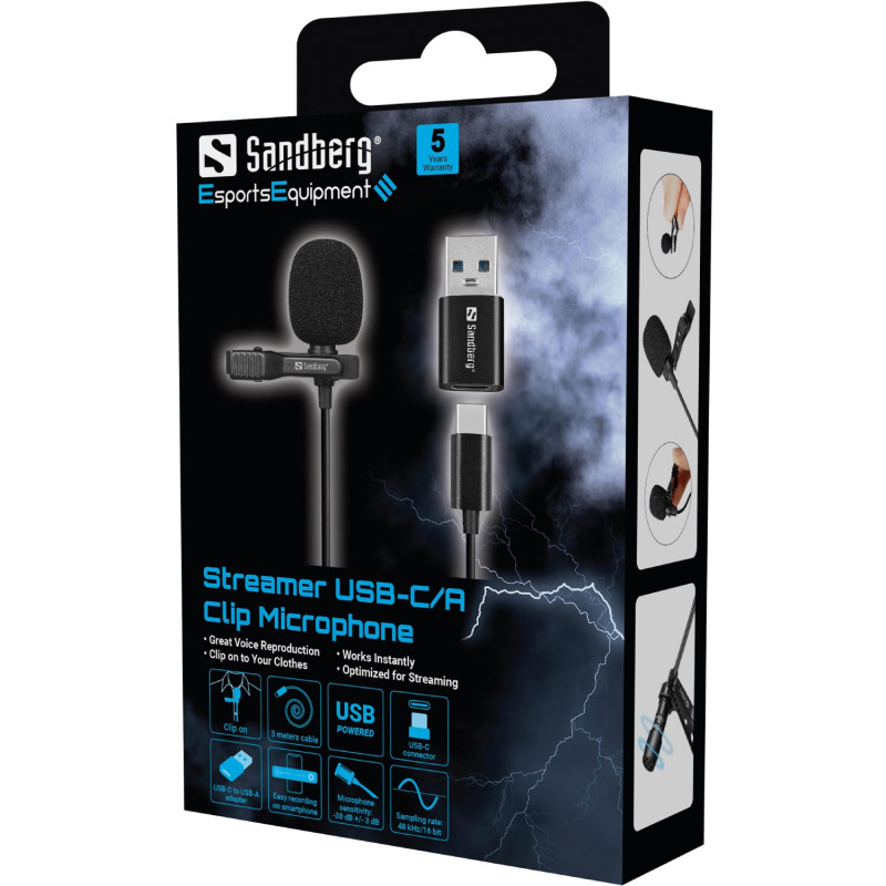 Провідний петличний мікрофон Streamer USB Clip USB-A/USB-C, кабель 3м, чорний