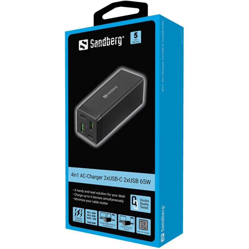 Зарядний пристрій 4xUSB 65W (2xUSB-C+2xUSB-A) Gan чорний Sandberg