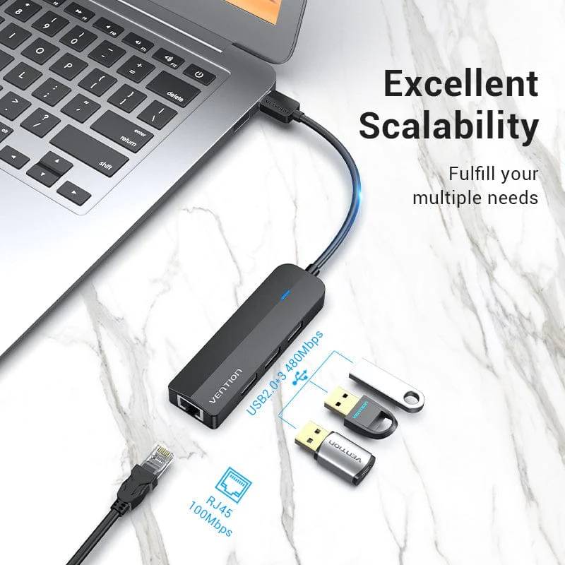 Хаб USB 2.0 -> 3хUSB 2.0/RJ45 100Mb Ethernet Vention