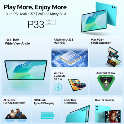 Планшет Teclast P33 10.1” HD+ / 3GB / 64GB / A333 / 6000mAh / WIFI / 5+2Mp / Metal / Blue