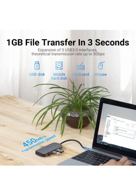 Док-станція USB 3.1 Type-C --> HDM/USB 3.0х3//PD 100W 5-in-1 Vention