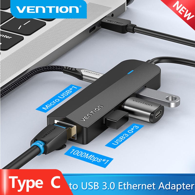 Хаб USB 3.1 Type-C -> 3xUSB 3.0+MicroUSB+RJ45 100M Ethernet чорний Vention