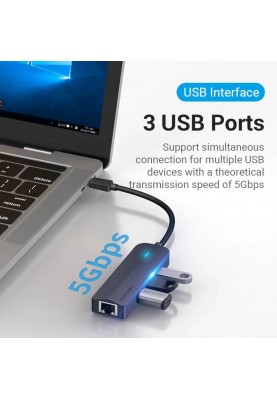 Хаб USB 3.1 Type-C -> 3xUSB 3.0+MicroUSB+RJ45 100M Ethernet чорний Vention