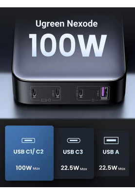 Зарядний пристрій 4xUSB 100W (3хUSB-C+USB-A) Gan Nexode чорний CD328 Ugreen Desktop Fast Charger
