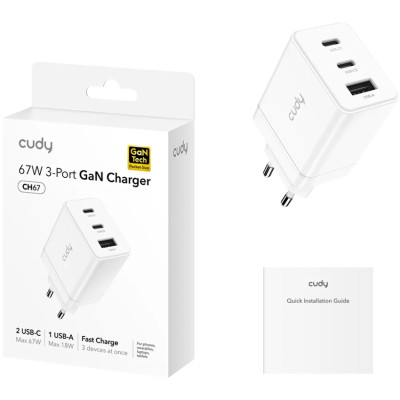 Зарядний пристрій 3xUSB 67W, (GaN, 1хUSB-C, QC+PD 3.0, вилка ЄС, для iPhone 12) , Cudy Зарядний пристрій 3xUSB 67W, (GaN, 1хUSB-C, QC+PD 3.0, вилка ЄС, для iPhone 12) , Cudy