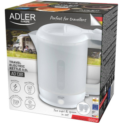 Електрочайник Adler AD 1381 дорожній 900Вт/ 0.5л/ 2 чашки/ ложка/ білий