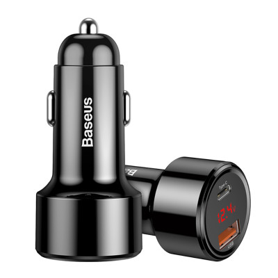 Автозарядка 2xUSB 45W (USB-C+USB-A) QC 4.0 + Digital Display Чорна Baseus
