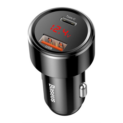 Автозарядка 2xUSB 45W (USB-C+USB-A) QC 4.0 + Digital Display Чорна Baseus