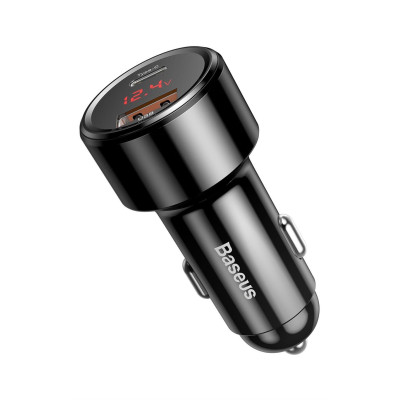 Автозарядка 2xUSB 45W (USB-C+USB-A) QC 4.0 + Digital Display Чорна Baseus