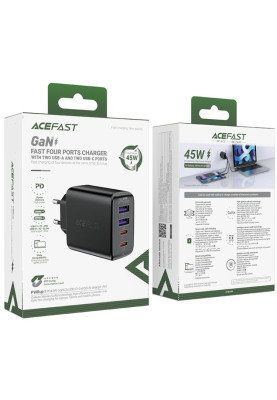 Зарядний пристрій 4xUSB 45W (2xUSB-C+2xUSB-A) Gan A61 Fast Charger Black Acefast