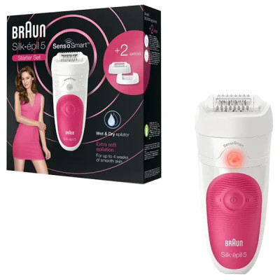 Епілятор BRAUN Silk-epil 5 SensoSmart SE5/500, 28 пінцетів, 2 швидкості, 1 аксесуар, акумулятор, біло-рожевий