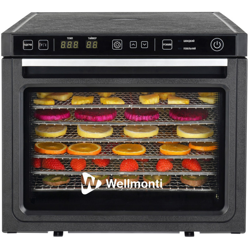 Wellmonti WM-1001 Професійна сушарка для фруктів/1000Вт/6 лотків нерж.сталі/Об’єм 47л/два вентилятори/2 шт сит