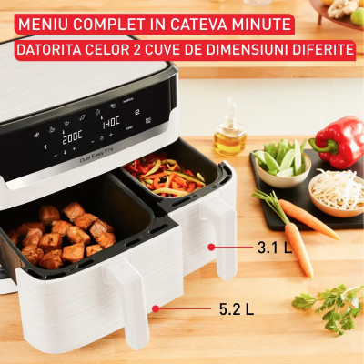 Подвійна фритюрниця з гарячим повітрям Tefal EY901AE0, 8,3 літра, 2700 Вт, Біла