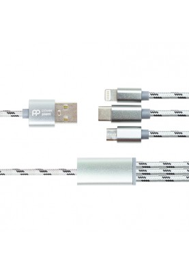 Кабель PowerPlant 2.1A 3-в-1 USB AM-Type-C/Lightning/Micro, 1.2м, сірий