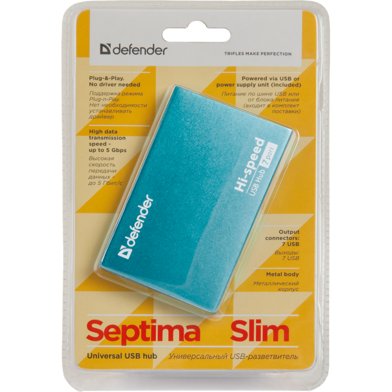 USB-хаб Defender Septima Slim+Adapterб 7xUSB 2.0 220V (83505) (6054147)